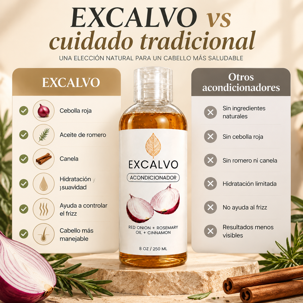 EXCALVO TRATAMIENTO CAPILAR 3 EN 1 | CEBOLLA ROJA, ROMERO Y CANELA